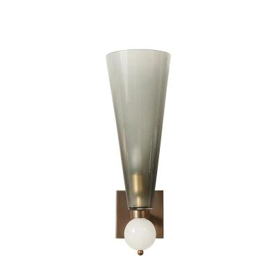 Modernist Hand Blown Smoked Gray Murano Glass Conical Sconces with Orbital Drop