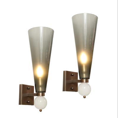 Modernist Hand Blown Smoked Gray Murano Glass Conical Sconces with Orbital Drop