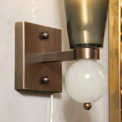 Modernist Hand Blown Smoked Gray Murano Glass Conical Sconces with Orbital Drop