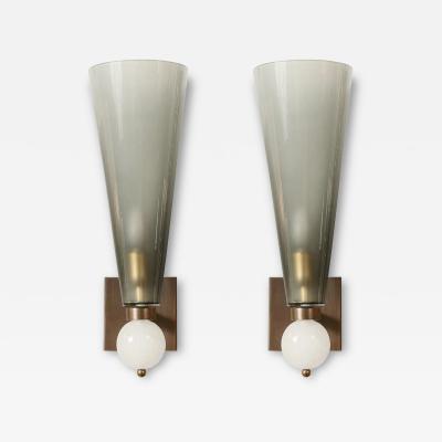 Modernist Hand Blown Smoked Gray Murano Glass Conical Sconces with Orbital Drop