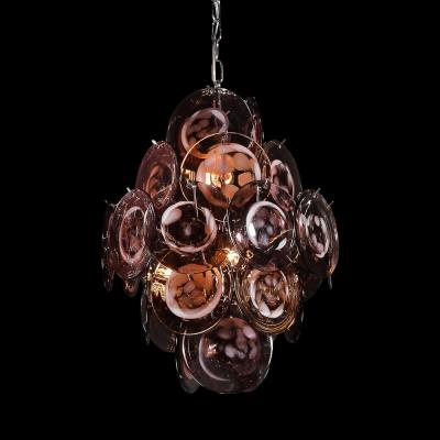 Modernist Hand Blown Smoked Mauve Spotted Murano Glass Five Tier Disc Chandelier