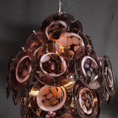Modernist Hand Blown Smoked Mauve Spotted Murano Glass Five Tier Disc Chandelier