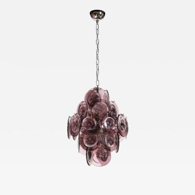 Modernist Hand Blown Smoked Mauve Spotted Murano Glass Five Tier Disc Chandelier