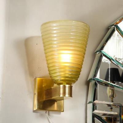 Modernist Hand Blown Smoked Peridot Hive Form Murano Glass Brass Sconces