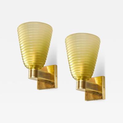 Modernist Hand Blown Smoked Peridot Hive Form Murano Glass Brass Sconces