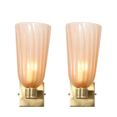 Modernist Hand Blown Smoked Rose Murano Fluted Glass Sconces with Brass Fittings