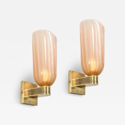 Modernist Hand Blown Smoked Rose Murano Fluted Glass Sconces with Brass Fittings