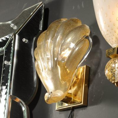 Modernist Hand blown Murano Glass Shell Form Sconces W 24 Karat Gold Flecks