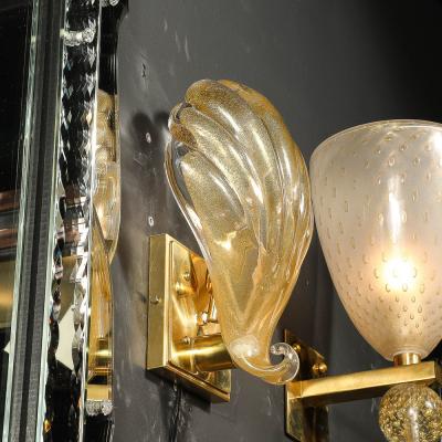 Modernist Hand blown Murano Glass Shell Form Sconces W 24 Karat Gold Flecks