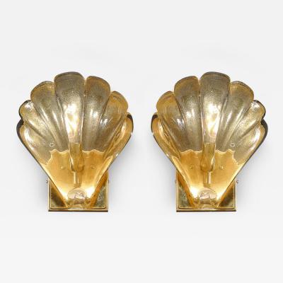 Modernist Hand blown Murano Glass Shell Form Sconces W 24 Karat Gold Flecks