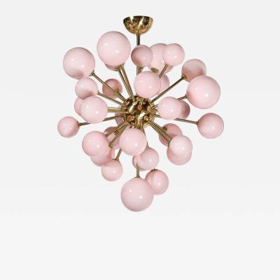 Modernist Handblown Murano Frosted Pink Hue Glass Brass Sputnik Chandelier
