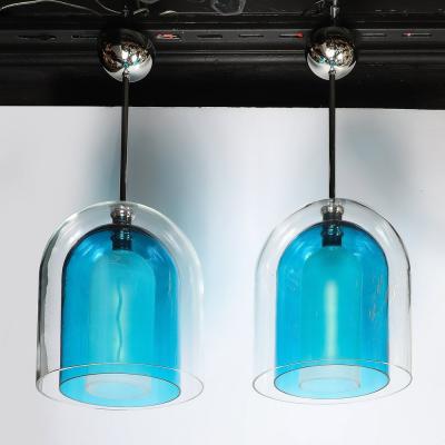 Modernist Handblown Murano Glass 3 Tier Mixed Blue Dome Form Pendant Chandeliers