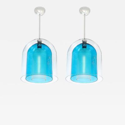 Modernist Handblown Murano Glass 3 Tier Mixed Blue Dome Form Pendant Chandeliers