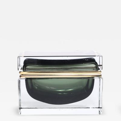 Modernist Handblown Murano Glass Box in Olive Green w Polished Brass Fittings