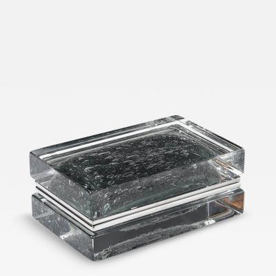 Modernist Handblown Murano Glass Box in Sage Grey W Pulegoso Detailing Nickel