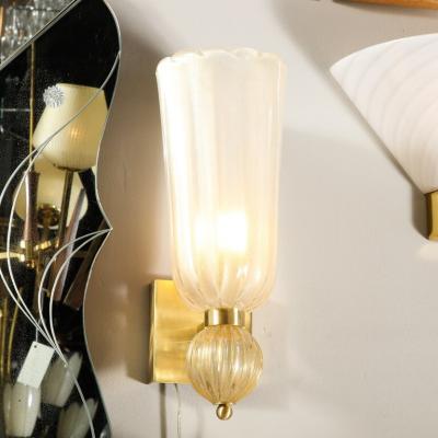Modernist Handblown Murano Glass Elongated Tulip Sconces w 24 kt Gold Flecks