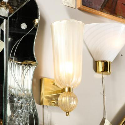 Modernist Handblown Murano Glass Elongated Tulip Sconces w 24 kt Gold Flecks
