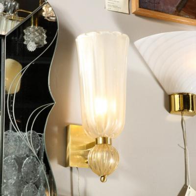 Modernist Handblown Murano Glass Elongated Tulip Sconces w 24 kt Gold Flecks