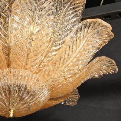 Modernist Handblown Murano Glass Leaf Form Flushmount w 24K Gold Flecks Brass