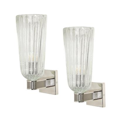 Modernist Handblown Murano Glass Reeded Nickel 24K White Gold Fleck Sconces