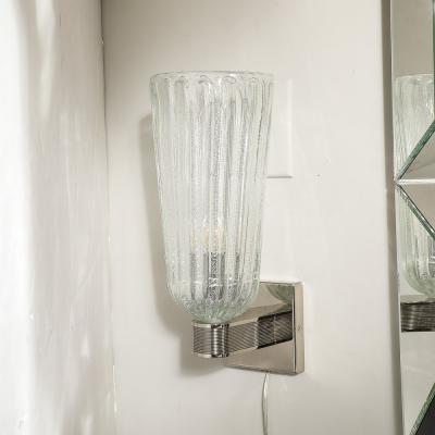 Modernist Handblown Murano Glass Reeded Nickel 24K White Gold Fleck Sconces