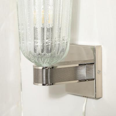 Modernist Handblown Murano Glass Reeded Nickel 24K White Gold Fleck Sconces