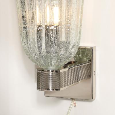 Modernist Handblown Murano Glass Reeded Nickel 24K White Gold Fleck Sconces