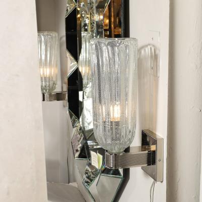Modernist Handblown Murano Glass Reeded Nickel 24K White Gold Fleck Sconces