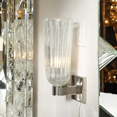 Modernist Handblown Murano Glass Reeded Nickel 24K White Gold Fleck Sconces