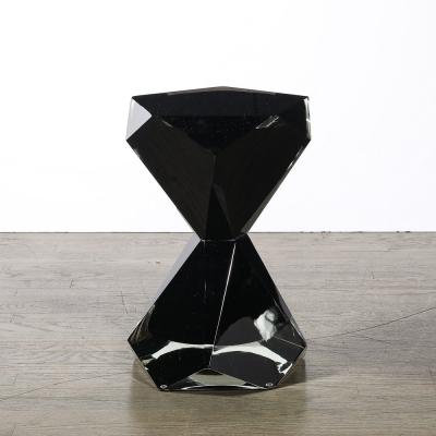 Modernist Handblown Murano Jet Black Faceted Hourglass End Table