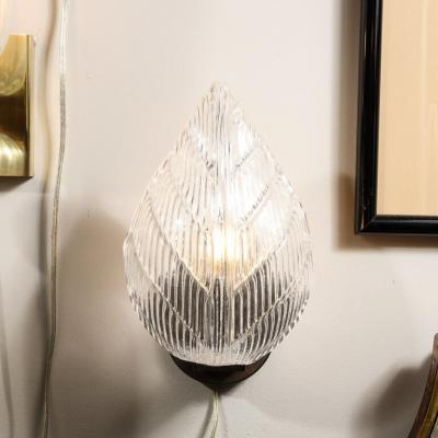 Modernist Handblown Murano Leaf Form Sconce in Transparent Reeded Glass