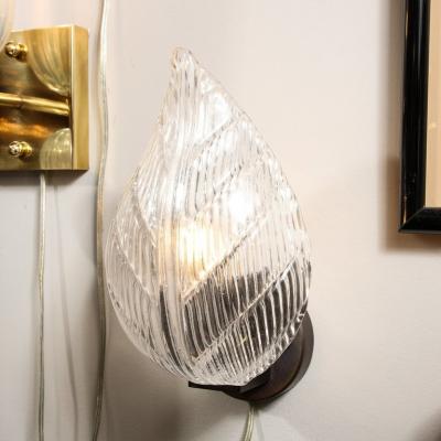 Modernist Handblown Murano Leaf Form Sconce in Transparent Reeded Glass