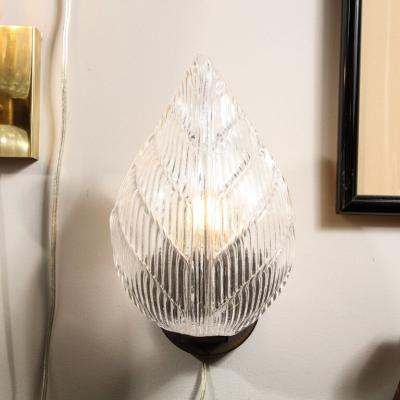 Modernist Handblown Murano Leaf Form Sconce in Transparent Reeded Glass