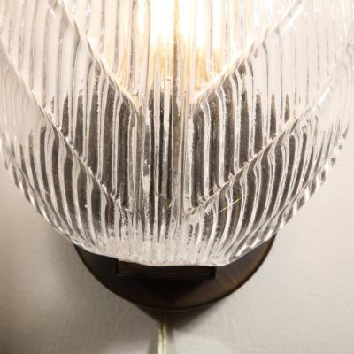 Modernist Handblown Murano Leaf Form Sconce in Transparent Reeded Glass