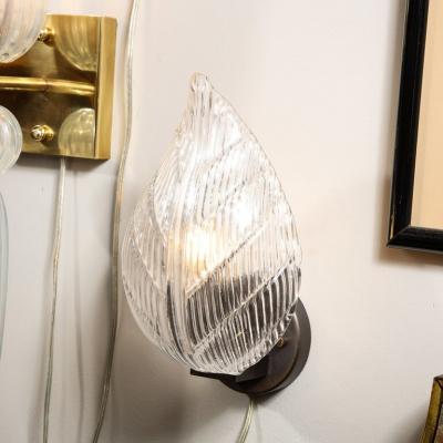 Modernist Handblown Murano Leaf Form Sconce in Transparent Reeded Glass