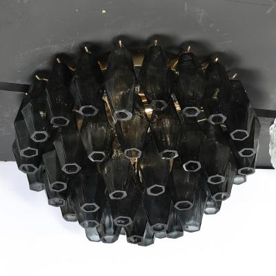 Modernist Handblown Murano Smoked Glass Polyhedral Flush Mount w Brass Fittings