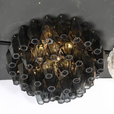 Modernist Handblown Murano Smoked Glass Polyhedral Flush Mount w Brass Fittings