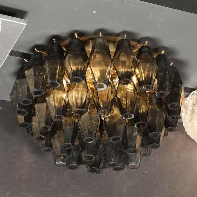 Modernist Handblown Murano Smoked Glass Polyhedral Flush Mount w Brass Fittings