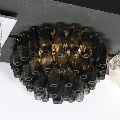 Modernist Handblown Murano Smoked Glass Polyhedral Flush Mount w Brass Fittings