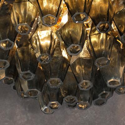 Modernist Handblown Murano Smoked Glass Polyhedral Flush Mount w Brass Fittings