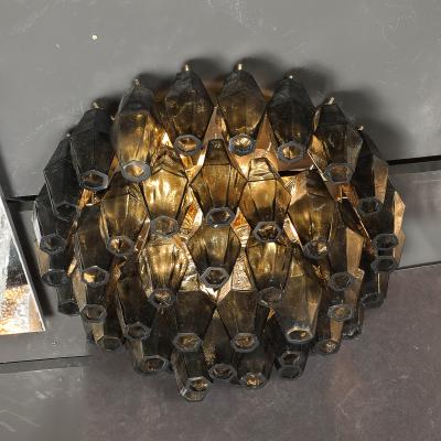 Modernist Handblown Murano Smoked Glass Polyhedral Flush Mount w Brass Fittings