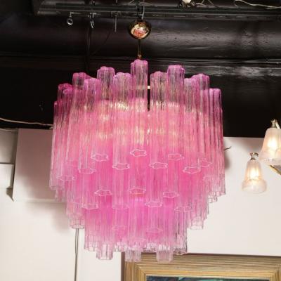 Modernist Handblown Murano Translucent Fuschia Chandelier with Chrome Fittings