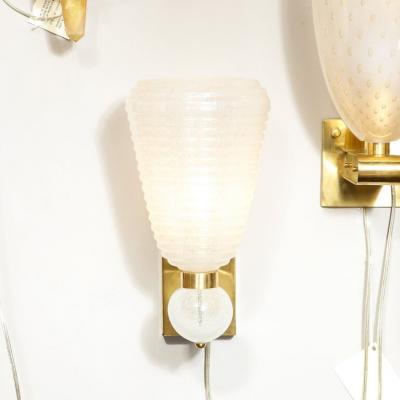 Modernist Handblown Ribbed Murano Sconces w 24 Karat White Gold Flecks