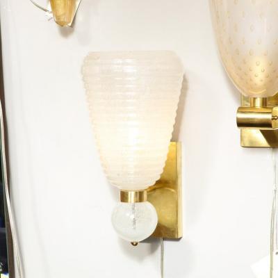 Modernist Handblown Ribbed Murano Sconces w 24 Karat White Gold Flecks