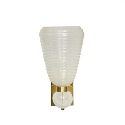 Modernist Handblown Ribbed Murano Sconces w 24 Karat White Gold Flecks