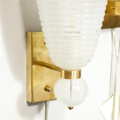 Modernist Handblown Ribbed Murano Sconces w 24 Karat White Gold Flecks