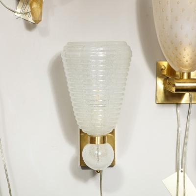 Modernist Handblown Ribbed Murano Sconces w 24 Karat White Gold Flecks