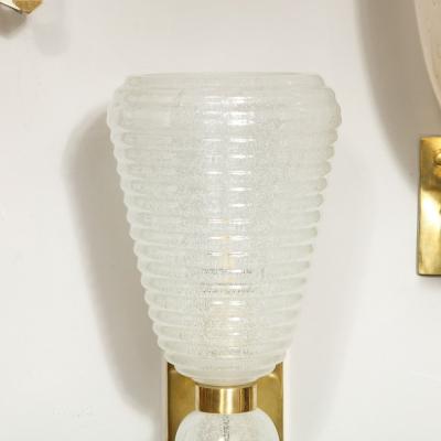 Modernist Handblown Ribbed Murano Sconces w 24 Karat White Gold Flecks