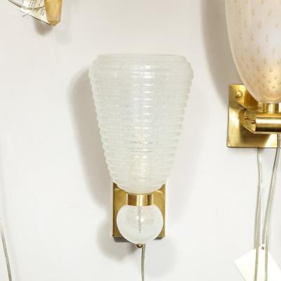 Modernist Handblown Ribbed Murano Sconces w 24 Karat White Gold Flecks