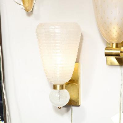 Modernist Handblown Ribbed Murano Sconces w 24 Karat White Gold Flecks